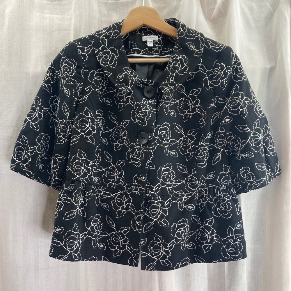 SEMANNTIKS Black White Floral Embroidered Blazer Jacket 10P Linen Elegant Chic